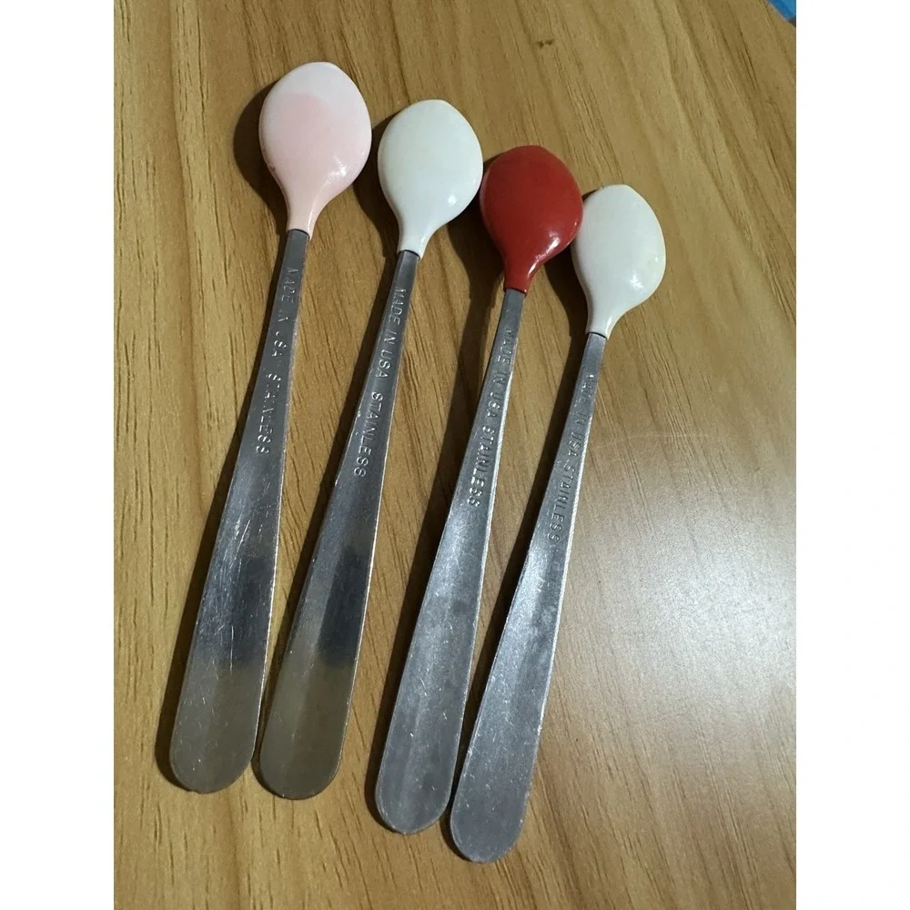 GERBER Lot of 4 baby spoons soft tip Made In USA Stainless Red Pink White